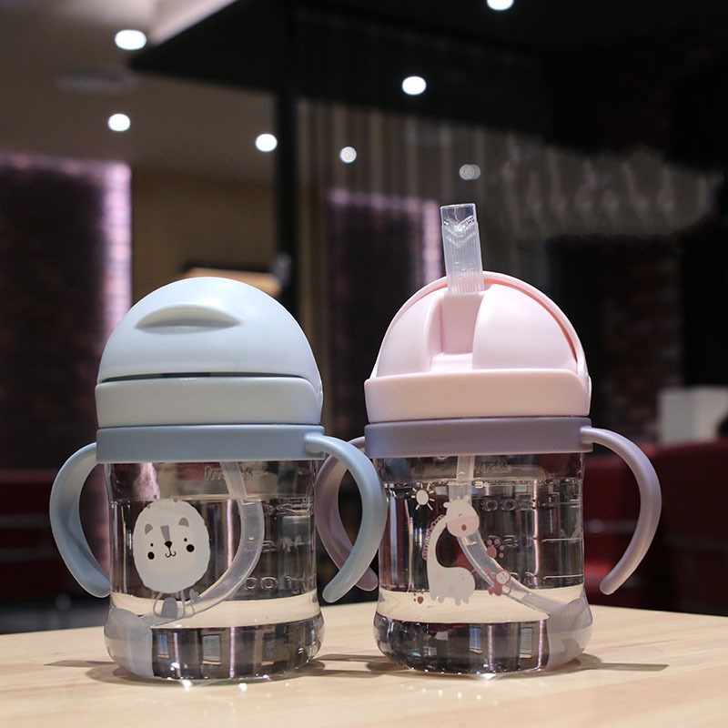 Cartoon Children's Plastic Straw Water Bottle Cup With Scale Baby Cute Drop-proof And Leak-proof Portable Water Cup With