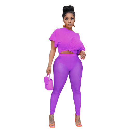GM Solid Color T Shirt And Leggings Mesh 2 Piece Sets Summer Outfit Streetwear Plus Size Women's Sets