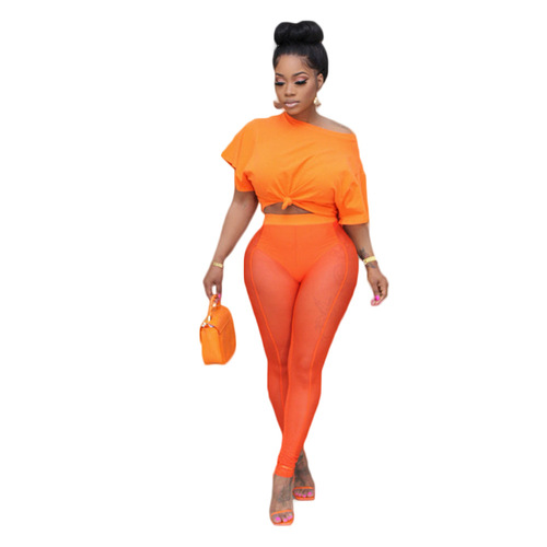 GM Solid Color T Shirt And Leggings Mesh 2 Piece Sets Summer Outfit Streetwear Plus Size Women's Sets