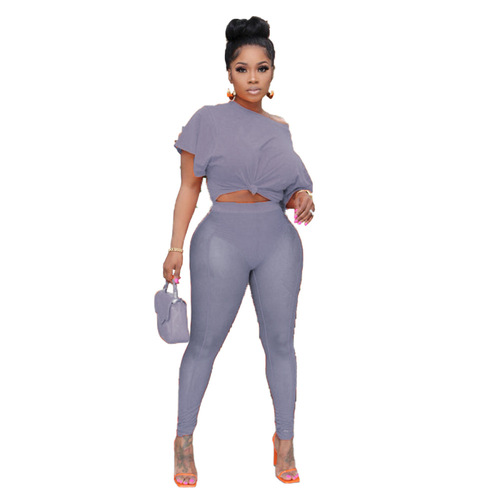 GM Solid Color T Shirt And Leggings Mesh 2 Piece Sets Summer Outfit Streetwear Plus Size Women's Sets