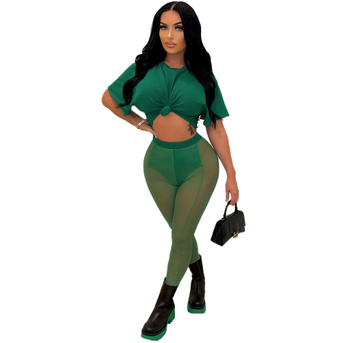 GM Solid Color T Shirt And Leggings Mesh 2 Piece Sets Summer Outfit Streetwear Plus Size Women's Sets