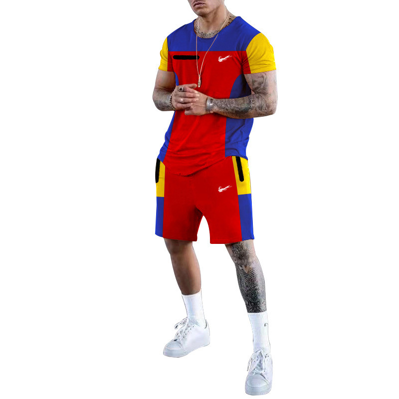 Sports T-shirt Men's Round Neck Casual Color Matching Shorts Short Sleeve Men's Suit Summer Two-Piece Suit