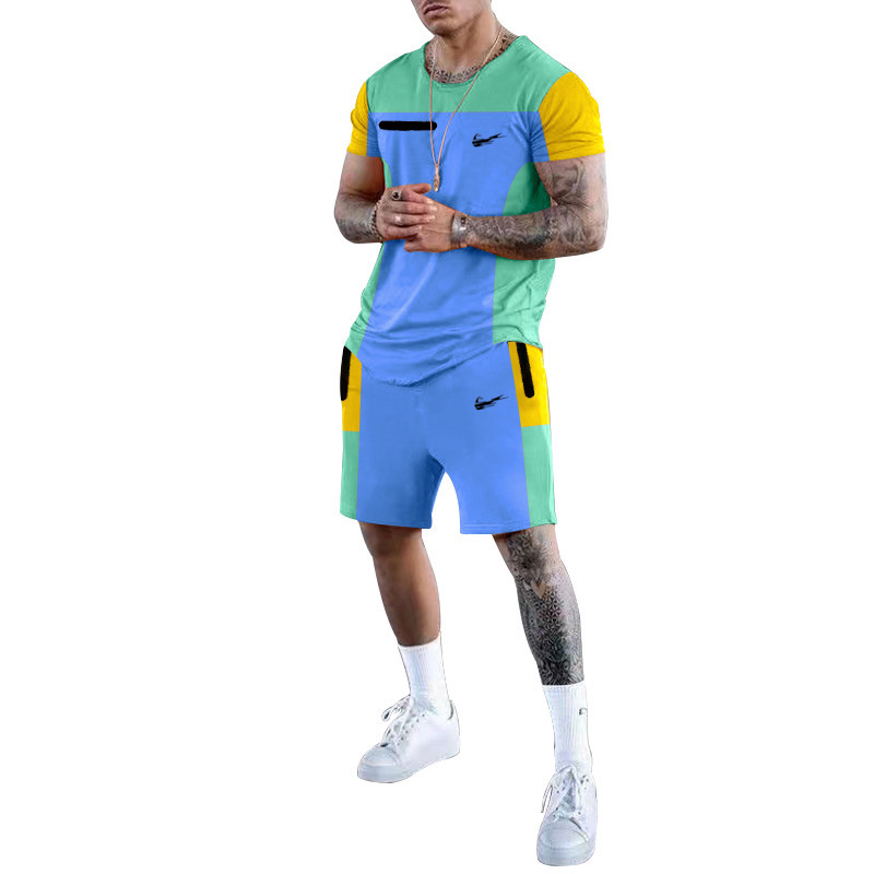 Sports T-shirt Men's Round Neck Casual Color Matching Shorts Short Sleeve Men's Suit Summer Two-Piece Suit