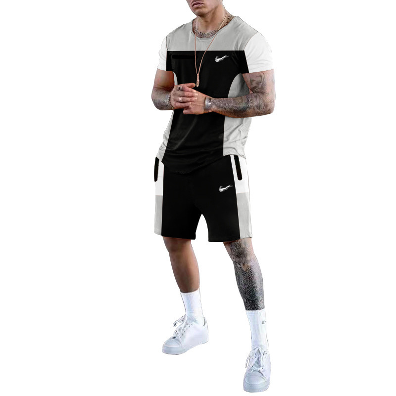 Sports T-shirt Men's Round Neck Casual Color Matching Shorts Short Sleeve Men's Suit Summer Two-Piece Suit
