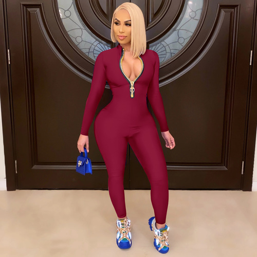 Spring fall women's clothing ladies new one piece bodysuits product  zipper playsuits jogging sports women jumpsuits