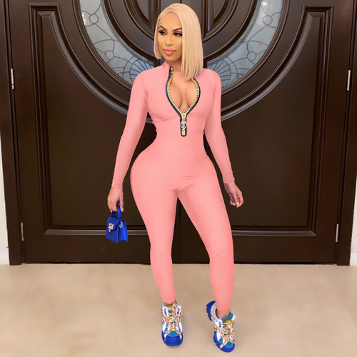 Spring fall women's clothing ladies new one piece bodysuits product  zipper playsuits jogging sports women jumpsuits