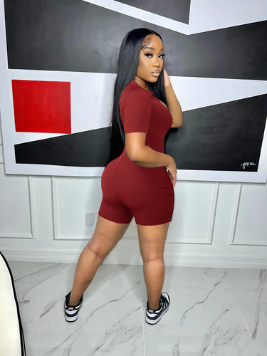 QuiteS Solid Color Jumpsuit Women Plus Size Lapel Breasted Ribbed Tight Casual Gym Jumpsuit Women