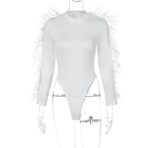 Womens Rompers Autumn Sexy Bodycon Playsuits Round Neck Long Sleeve Raw Edge Bodysuit Jumpsuit 