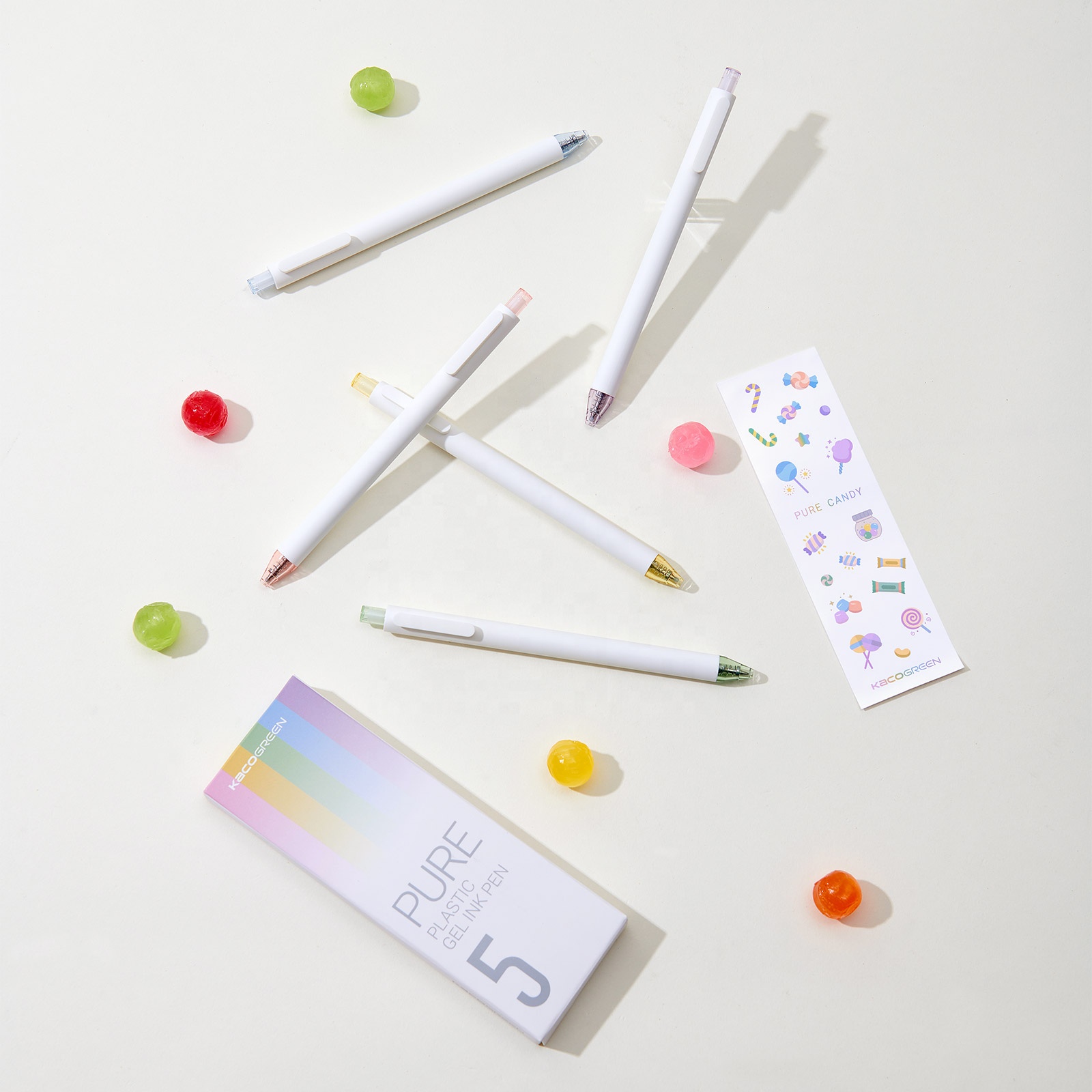 KACO PURE CANDY 5 Pieces Retractable Cute Gel Ink Pens with Sticker Soft Rubber Pen 0.5mm Fine Point Pen Sets Refillable