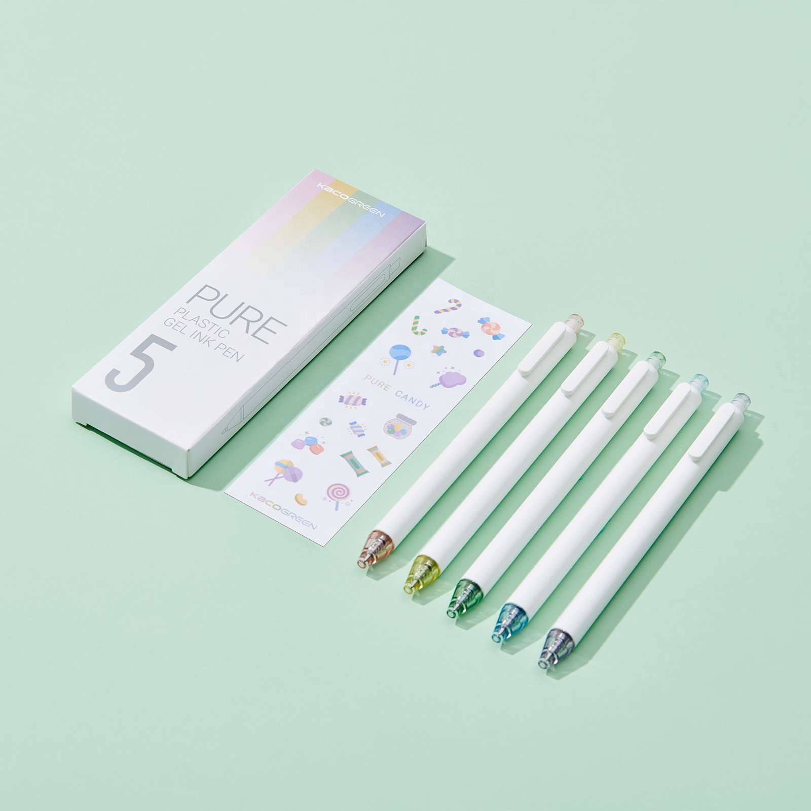 KACO PURE CANDY 5 Pieces Retractable Cute Gel Ink Pens with Sticker Soft Rubber Pen 0.5mm Fine Point Pen Sets Refillable