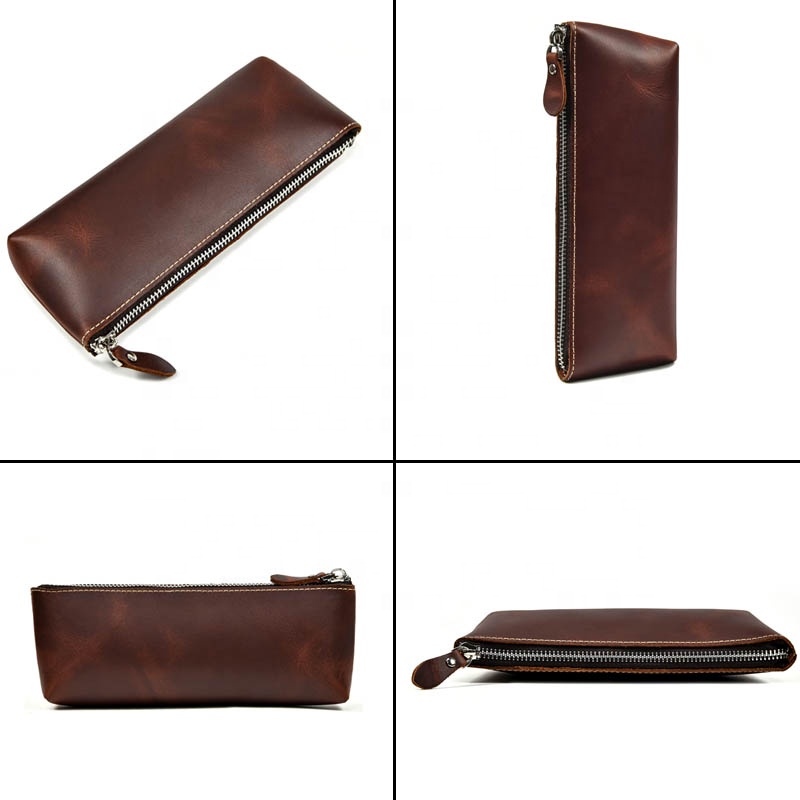 Large Capacity Unisex Crazy Horse Leather Pen Case Zippered Pencil Pouch Handmade Cow Leather Pen Bag For Student