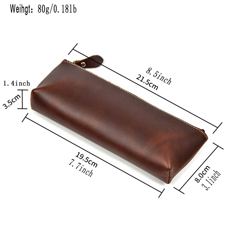 Large Capacity Unisex Crazy Horse Leather Pen Case Zippered Pencil Pouch Handmade Cow Leather Pen Bag For Student