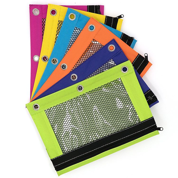 3-Ring Pencil Pouch with a Mesh Window Bright Color Pencil Bag with Zipper Pockets for 3-Ring Binder Pen Holder Case