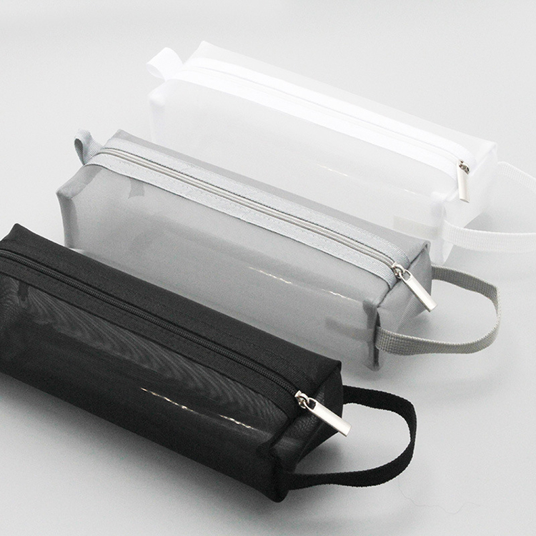 Large capacity black pencil bag grid mesh pen pouch multi functional pencil case with zipper for school student