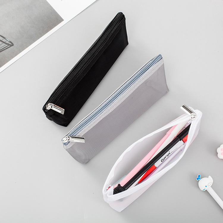Grey clear high quality grid Mesh pencil case bag with holes stationery pouch with zipper for students