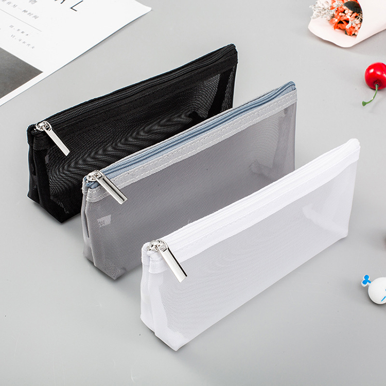 Grey clear high quality grid Mesh pencil case bag with holes stationery pouch with zipper for students
