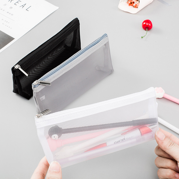 Grey clear high quality grid Mesh pencil case bag with holes stationery pouch with zipper for students
