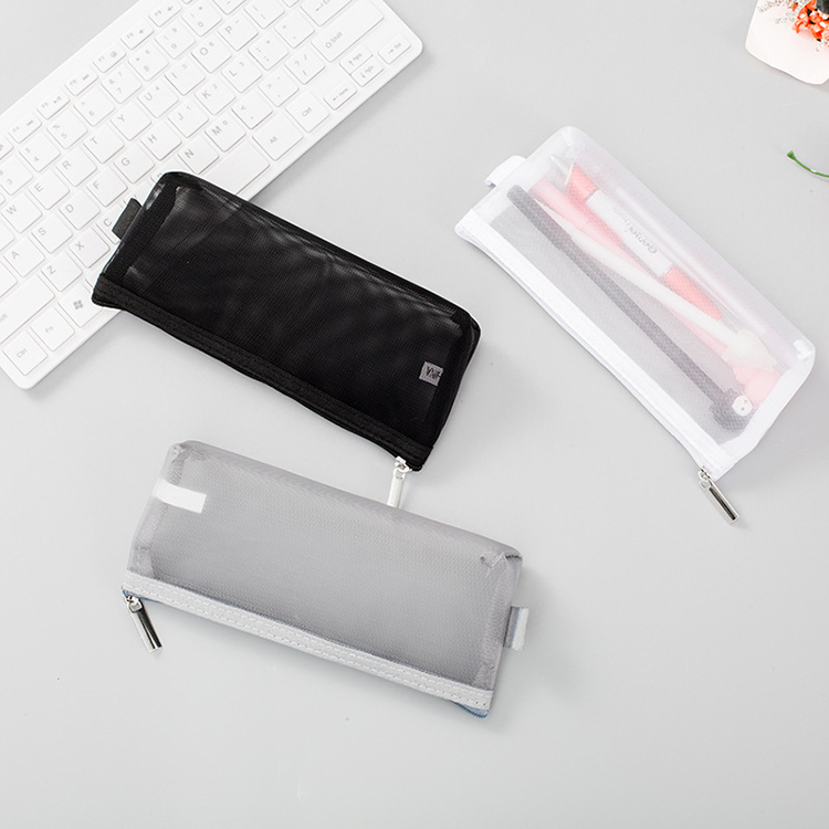 Grey clear high quality grid Mesh pencil case bag with holes stationery pouch with zipper for students
