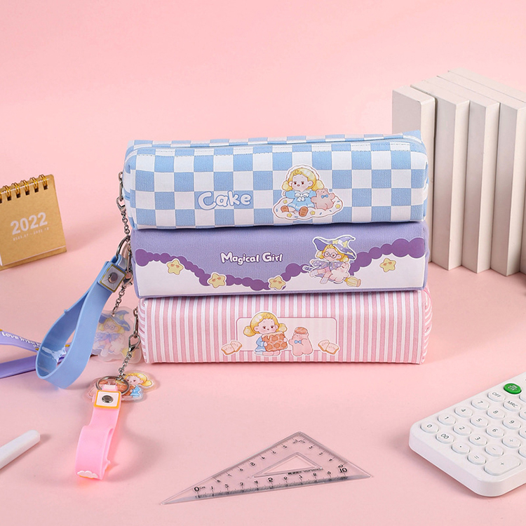    printed fresh cute multi-color canvas pencil case square kawaii pencil bag for kids