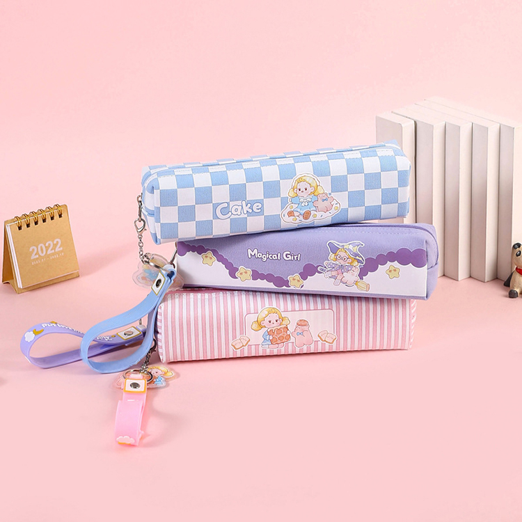    printed fresh cute multi-color canvas pencil case square kawaii pencil bag for kids