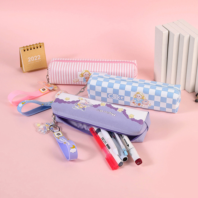    printed fresh cute multi-color canvas pencil case square kawaii pencil bag for kids