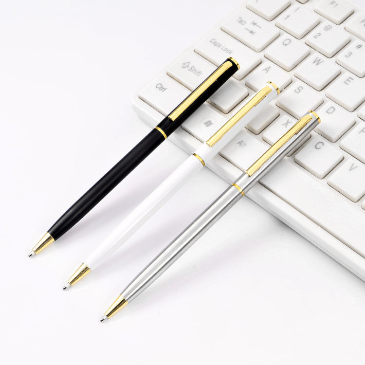 2023 Gift Promotional Ball Pen   Black White Slim Metal Body Twist Ballpoint Pen