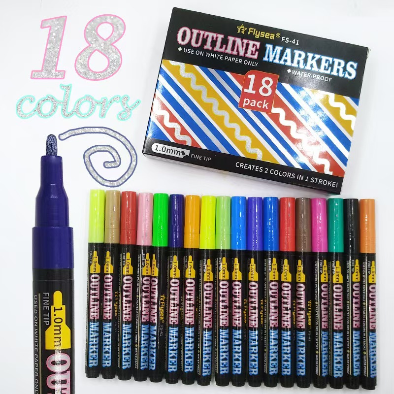 Outline Pens 18 Colors Fluorescent Glitter Double Dazzle Pens Line Pen Doodle for Gift Card Writing