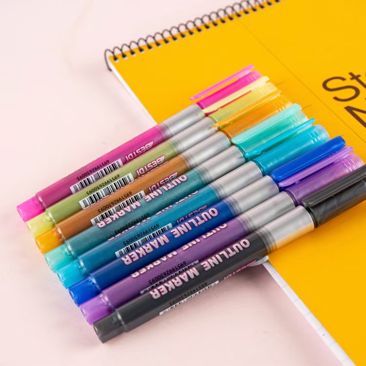 8 Colors Dual Line Contour Pen Marking Dual Color Marker Pens