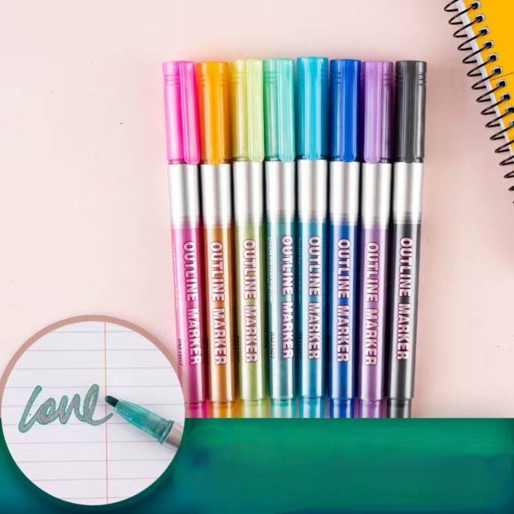 8 Colors Dual Line Contour Pen Marking Dual Color Marker Pens