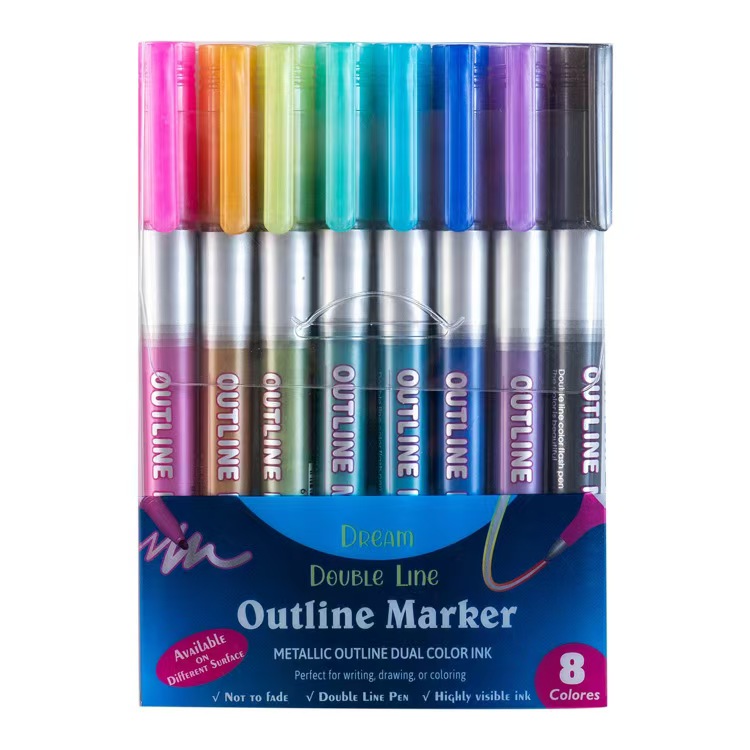 8 Colors Dual Line Contour Pen Marking Dual Color Marker Pens
