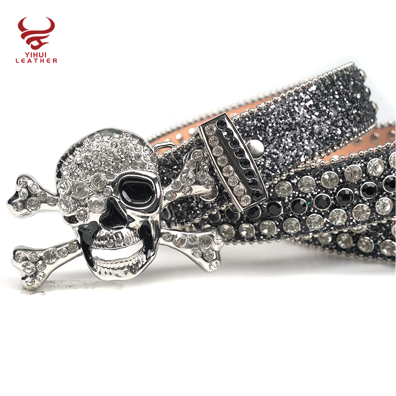   bling bling BB belt studded diamond PU leather strap black skull buckle western cowboy rhinestone belt for m