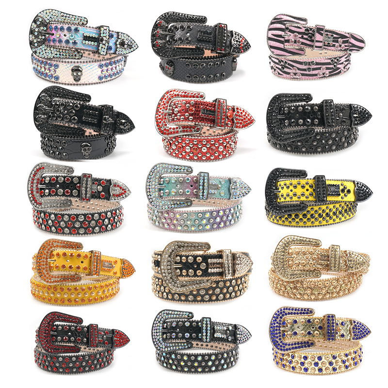   bling bling BB belt studded diamond PU leather strap black skull buckle western cowboy rhinestone belt for m