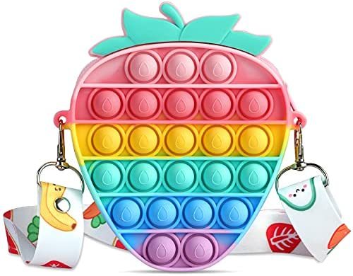 Kids Strawberry Pop Fidget Bag Rainbow Silicone Push Pop Bubble Fidget Popper Purse Crossbody Bags Messenger Should Bag