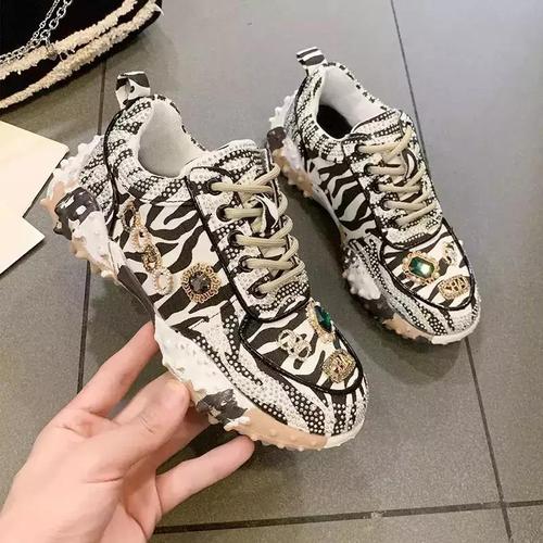 New design Handmade Diamond-bordered Glitter Leopard / Zebra print fashion women's casual shoes Original  Chunky S