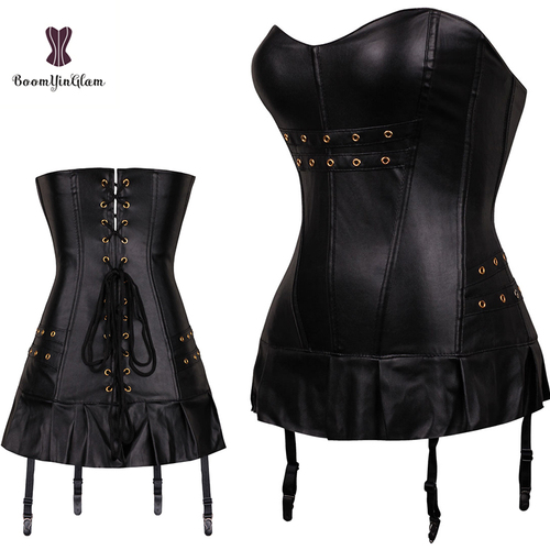 Zipper Design Fashion 10 Plastic Bone Lace Up Leather Dress Sexy Corset Style Punk Korset Women With Suspender Garter Be