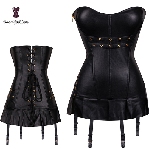 Zipper Design Fashion 10 Plastic Bone Lace Up Leather Dress Sexy Corset Style Punk Korset Women With Suspender Garter Be