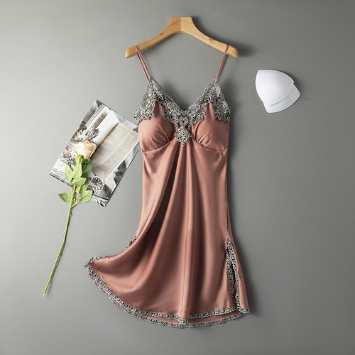 Suspender nightdress women summer sexy belt cushion 2022 new Satin Chiffon summer thin suspender nightdress women