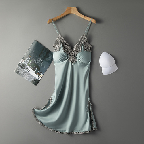 Suspender nightdress women summer sexy belt cushion 2022 new Satin Chiffon summer thin suspender nightdress women