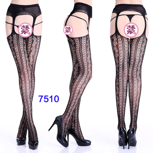 Women's High Waist Tights Suspenders Crotchless Pantyhose Thigh High Patterned Fishnet Stockings with Attached Garter Be