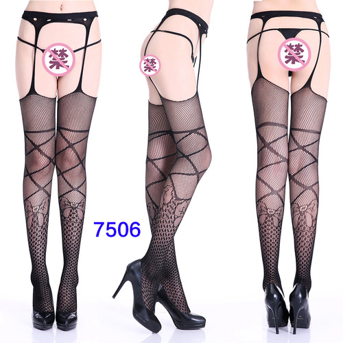 Women's High Waist Tights Suspenders Crotchless Pantyhose Thigh High Patterned Fishnet Stockings with Attached Garter Be