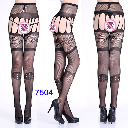 Women's High Waist Tights Suspenders Crotchless Pantyhose Thigh High Patterned Fishnet Stockings with Attached Garter Be