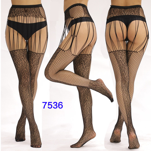 Women's High Waist Tights Suspenders Crotchless Pantyhose Thigh High Patterned Fishnet Stockings with Attached Garter Be