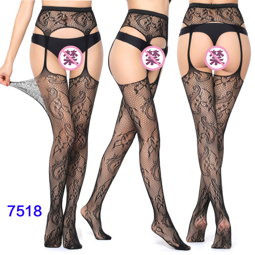 Women's High Waist Tights Suspenders Crotchless Pantyhose Thigh High Patterned Fishnet Stockings with Attached Garter Be