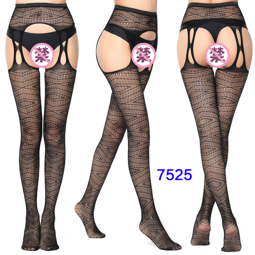 Women's High Waist Tights Suspenders Crotchless Pantyhose Thigh High Patterned Fishnet Stockings with Attached Garter Be