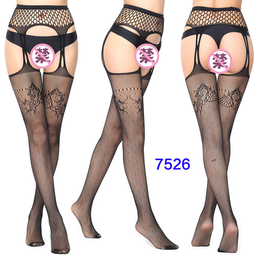 Women's High Waist Tights Suspenders Crotchless Pantyhose Thigh High Patterned Fishnet Stockings with Attached Garter Be