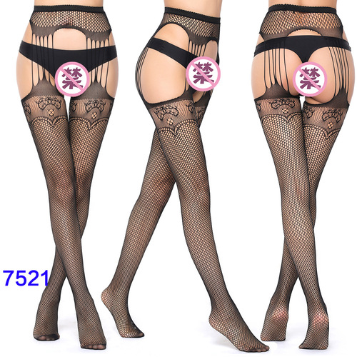 Women's High Waist Tights Suspenders Crotchless Pantyhose Thigh High Patterned Fishnet Stockings with Attached Garter Be