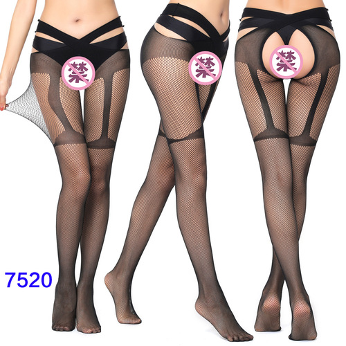 Women's High Waist Tights Suspenders Crotchless Pantyhose Thigh High Patterned Fishnet Stockings with Attached Garter Be