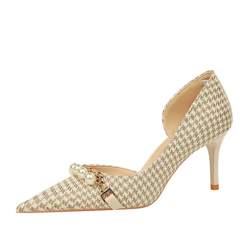 8829-A1 BIGTREE European and American Fashion Banquet Sexy Women's Shoes Shallow Mouth Pointed Pearl Women's High Heels