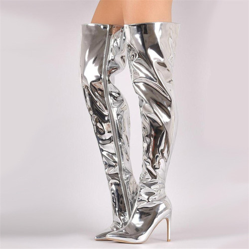 Dropshipping   2022 Silver Gold Metallic Long Boot Shoes Women High Heels Knee High Boots