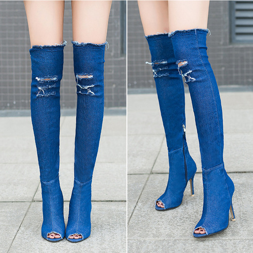  Price Over The Knee High Boots Women Denim Peep Toe High Heel Boots With Moq 1 Pair